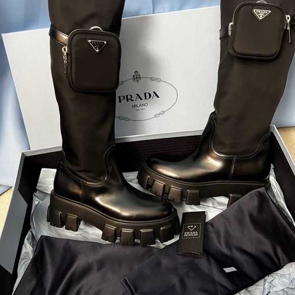 Prada Monolith Nylon Zip-Pocket Platform Riding Boots - Picture 2 of 11